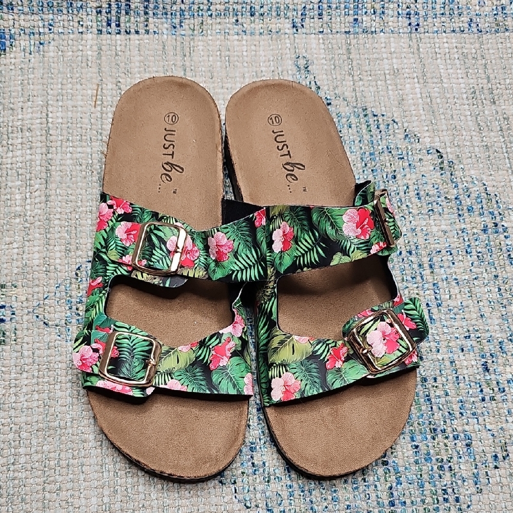 Just Be Women's Tropical Floral Sandals - Green and Pink